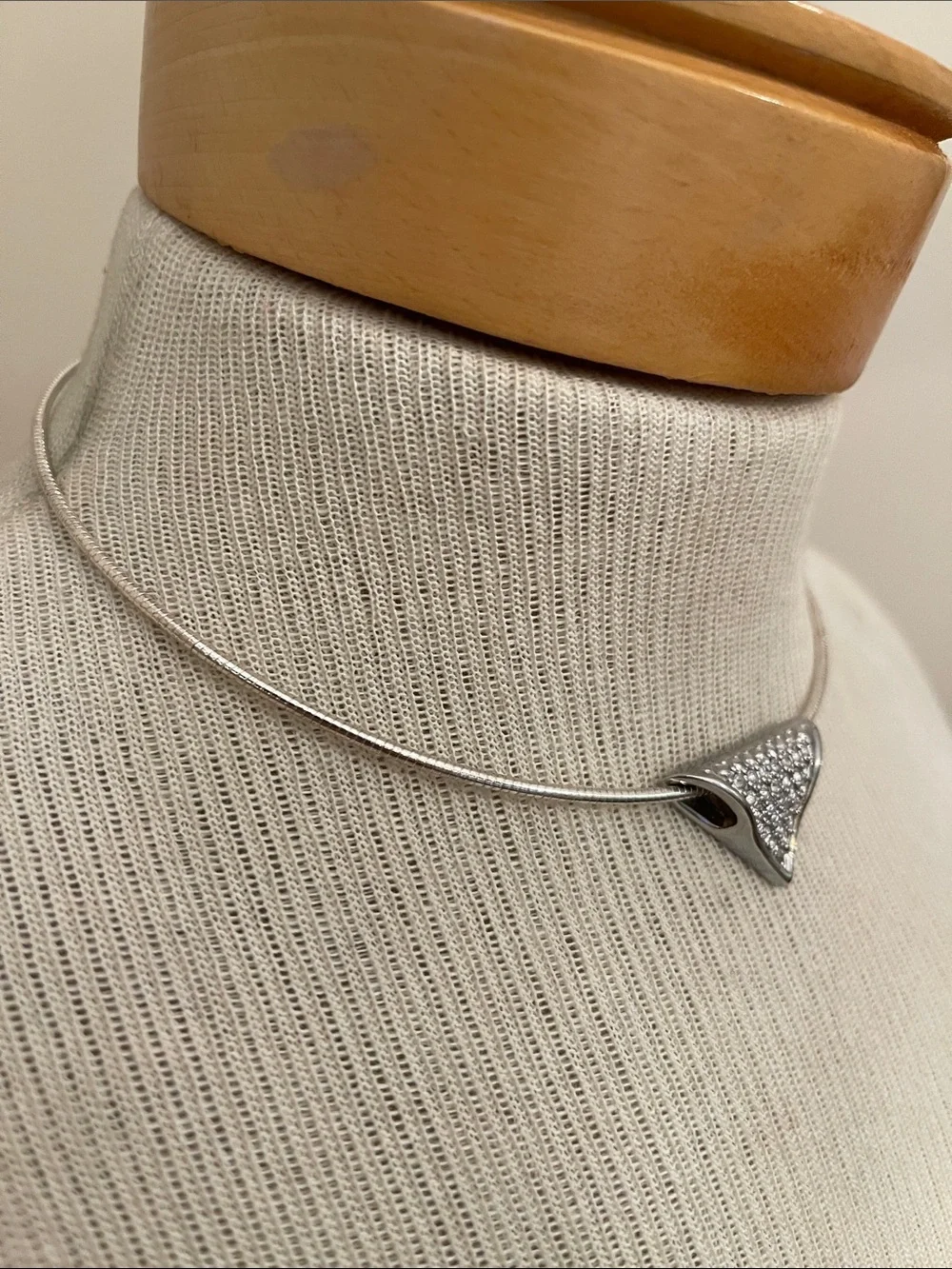 Vintage Silver-tone Wire Necklace with Pave Rhinestone Triangle Pendant - Slide